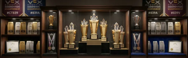 Championship trophies from VEX Robotics competitions