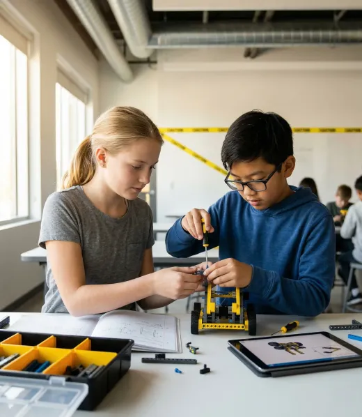 Students building robots